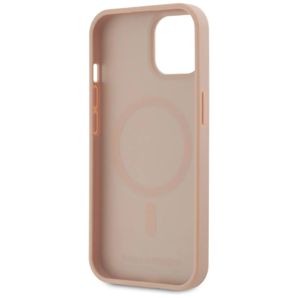 Dėklas Karl Lagerfeld Leather Monogram Metal Logo MagSafe Apple iPhone 15 rožinės spalvos