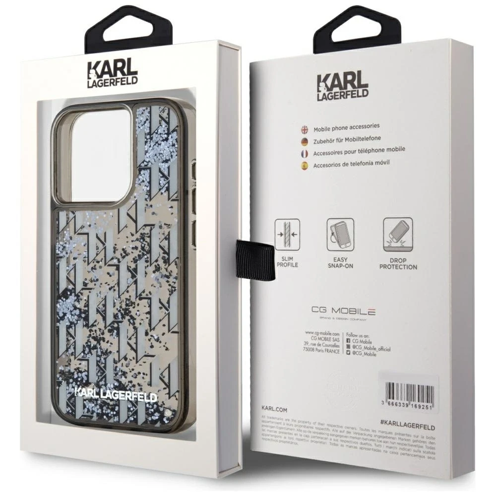 Karl Lagerfeld Liquid Glitter Monogram Gradient dėklas telefonui Apple iPhone 15 Pro Max juodos spalvos