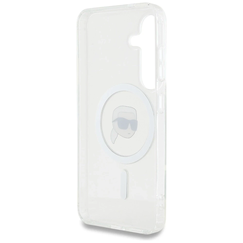 Karl Lagerfeld Button Karl Head Printed Logo MagSafe Samsung Galaxy S25 dėklas telefonui baltos spalvos