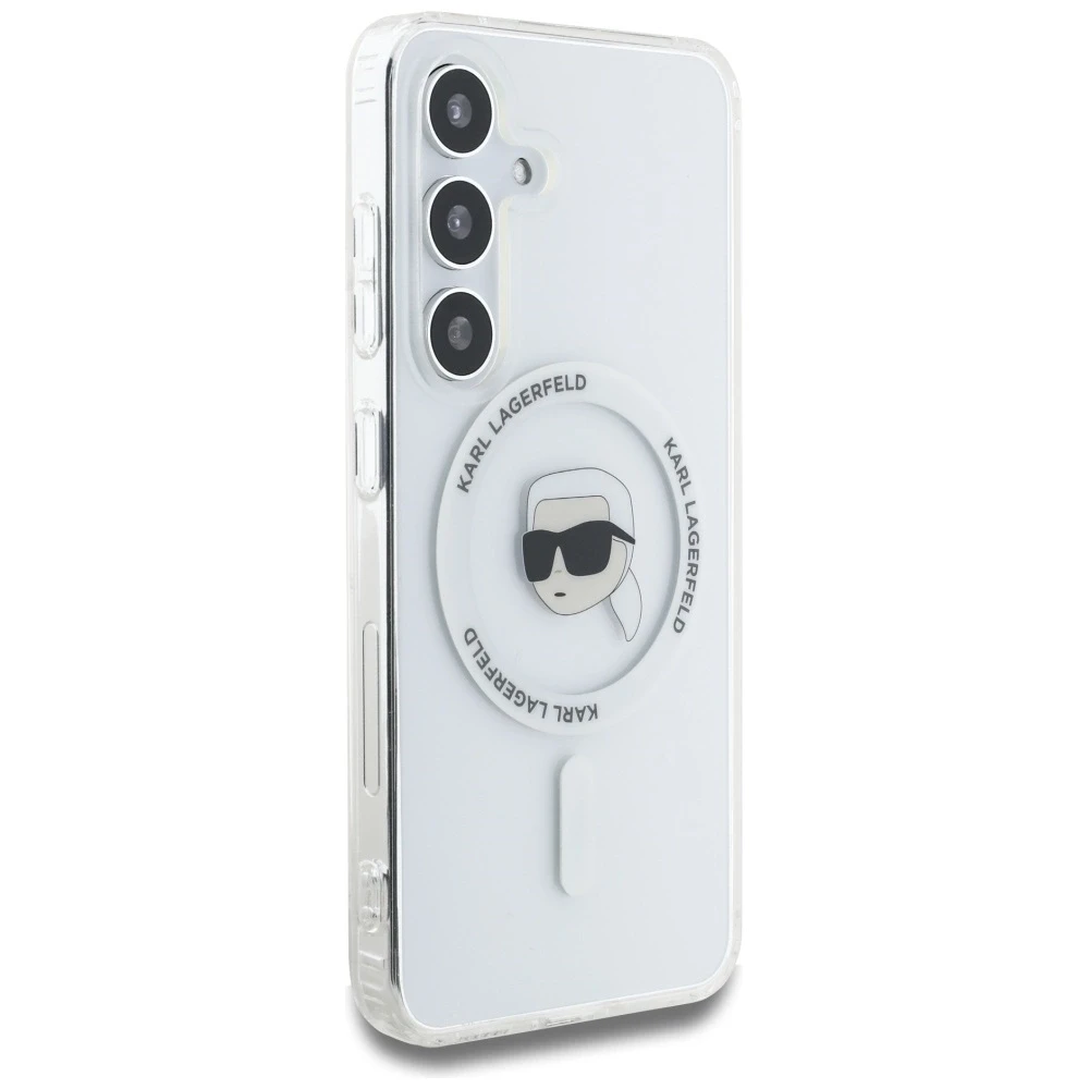 Karl Lagerfeld Button Karl Head Printed Logo MagSafe Samsung Galaxy S25 dėklas telefonui baltos spalvos
