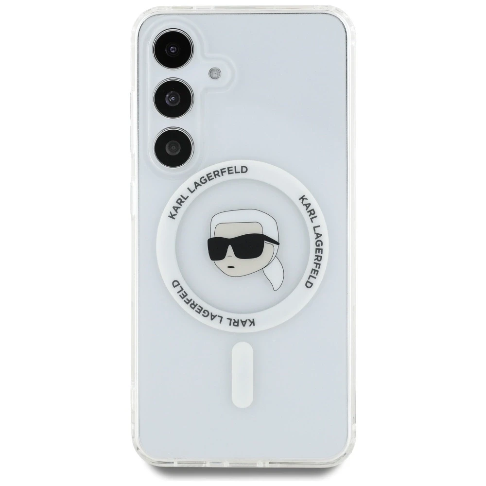 Karl Lagerfeld Button Karl Head Printed Logo MagSafe Samsung Galaxy S25 dėklas telefonui baltos spalvos