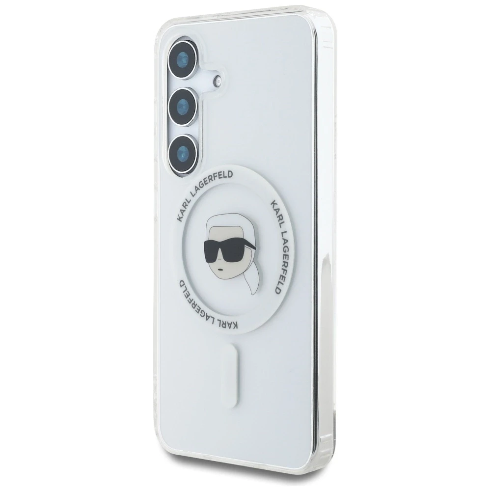 Karl Lagerfeld Button Karl Head Printed Logo MagSafe Samsung Galaxy S25 dėklas telefonui baltos spalvos