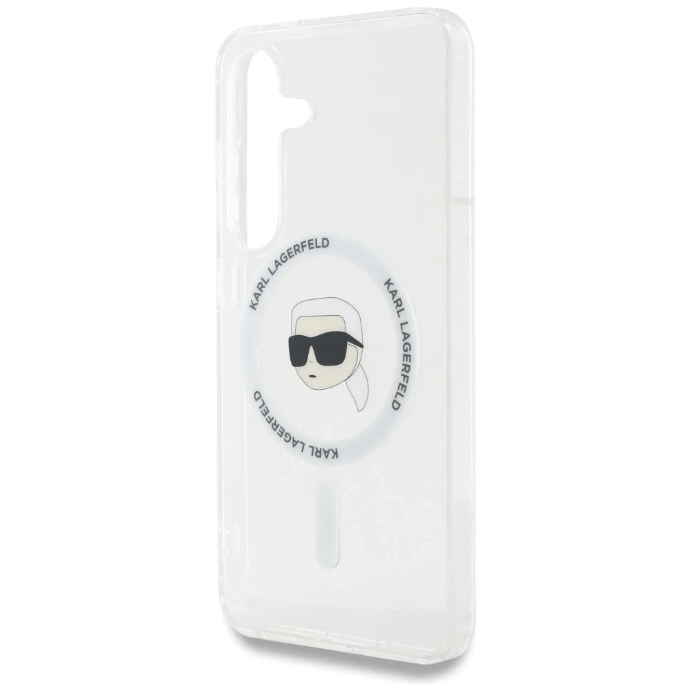 Karl Lagerfeld Button Karl Head Printed Logo MagSafe Samsung Galaxy S25 dėklas telefonui baltos spalvos