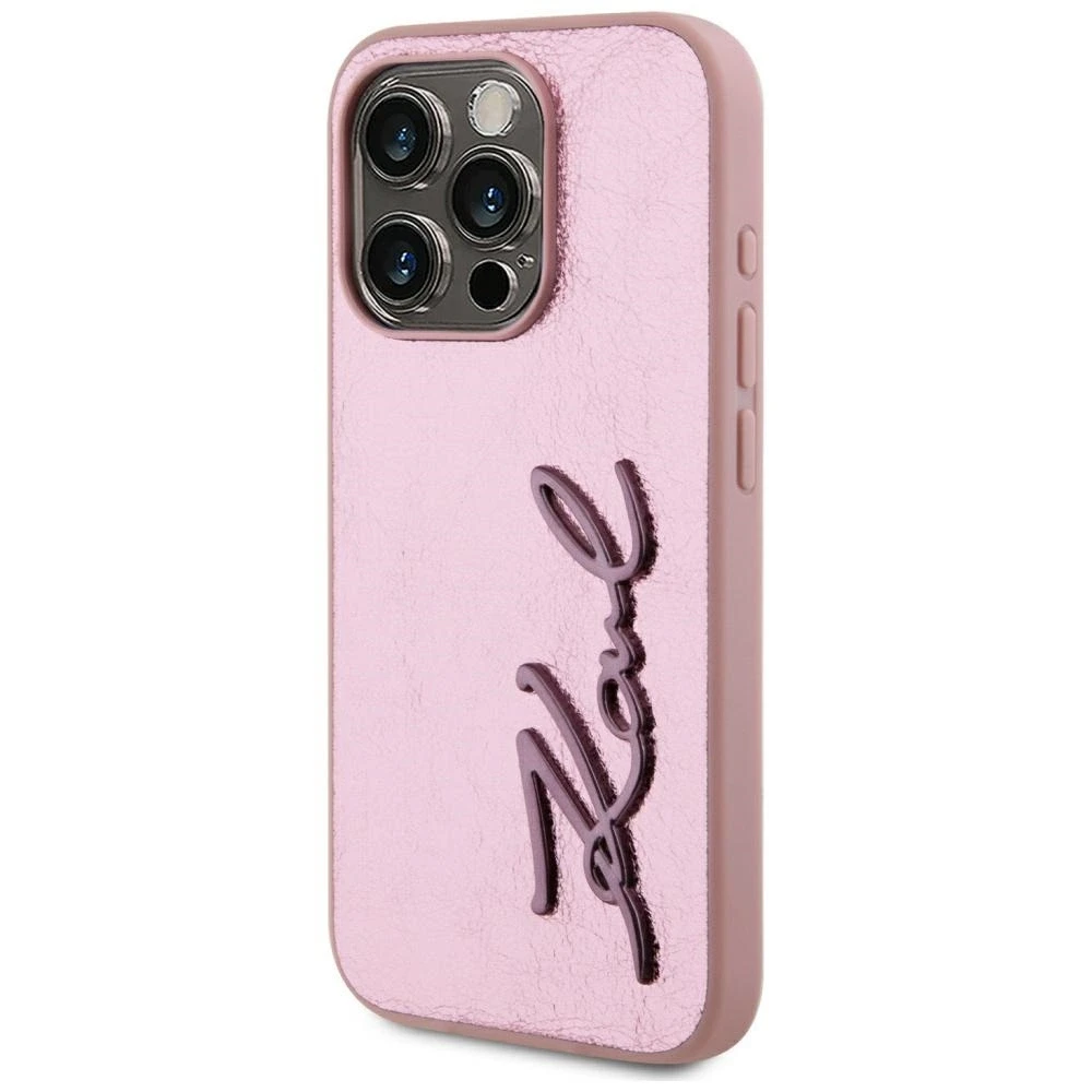 Karl Lagerfeld Wrinkled PU Signature Logo dėklas telefonui Apple iPhone 15 Pro Max rožinės spalvos