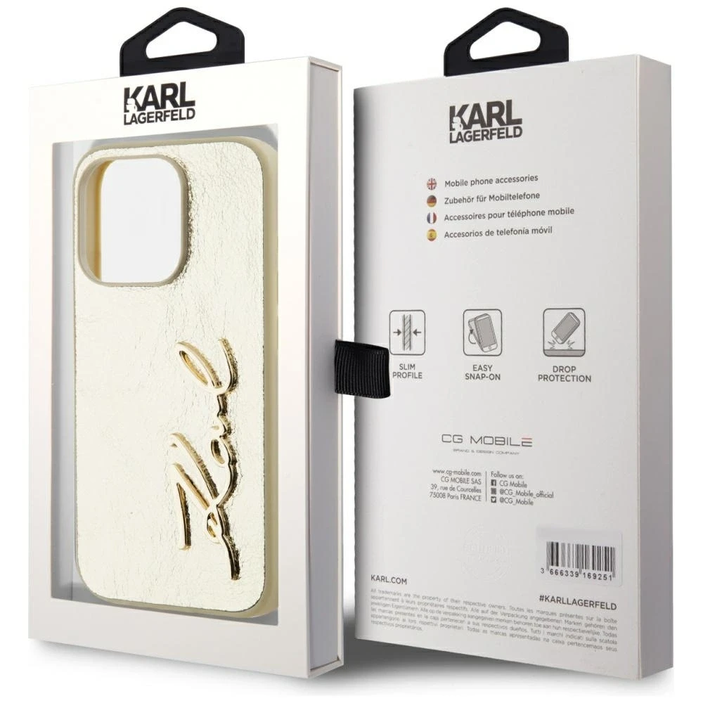 Karl Lagerfeld Wrinkled PU Signature Logo dėklas telefonui Apple iPhone 15 Pro aukso spalvos