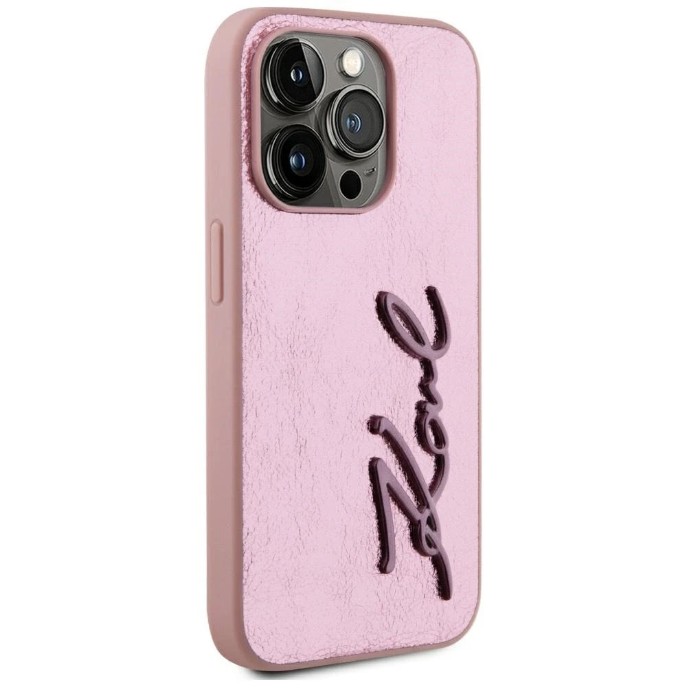 Karl Lagerfeld Wrinkled PU Signature Logo dėklas telefonui Apple iPhone 15 Pro Max rožinės spalvos