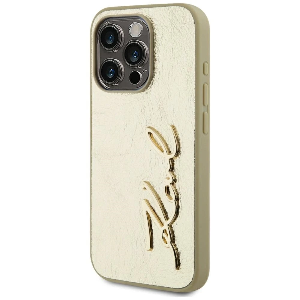 Karl Lagerfeld Wrinkled PU Signature Logo dėklas telefonui Apple iPhone 15 Pro aukso spalvos