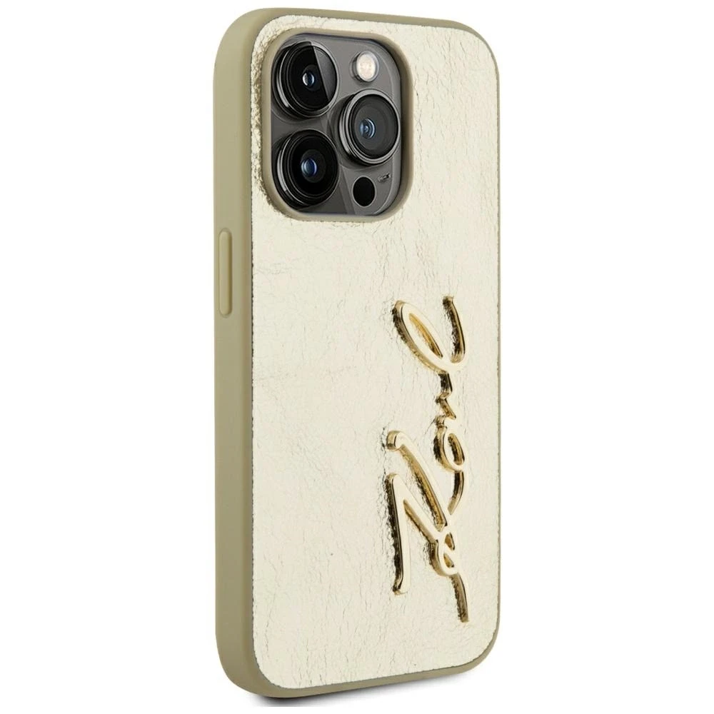 Karl Lagerfeld Wrinkled PU Signature Logo dėklas telefonui Apple iPhone 15 Pro aukso spalvos