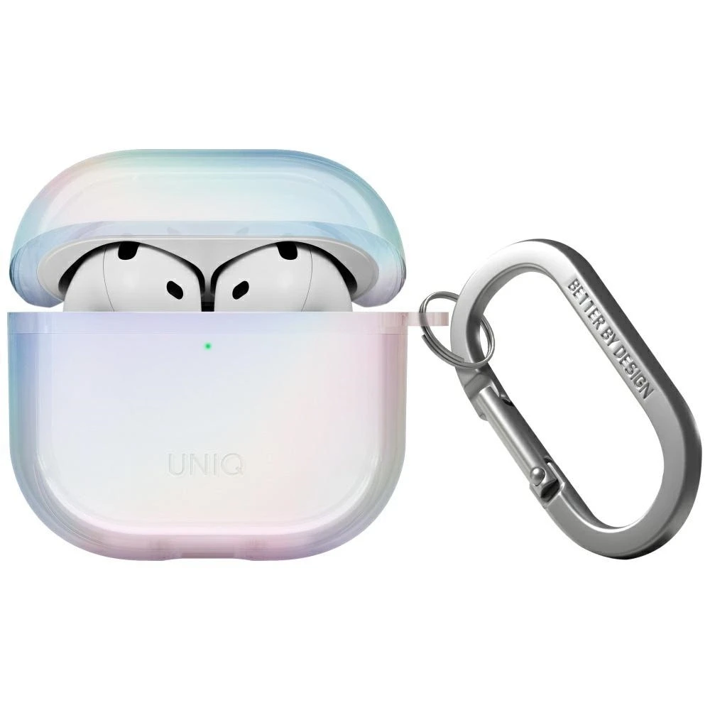„Uniq Iridescia“ dėklas, skirtas „AirPods 4“ ausinėms, pakabinamas dėklas – holografinis baltas