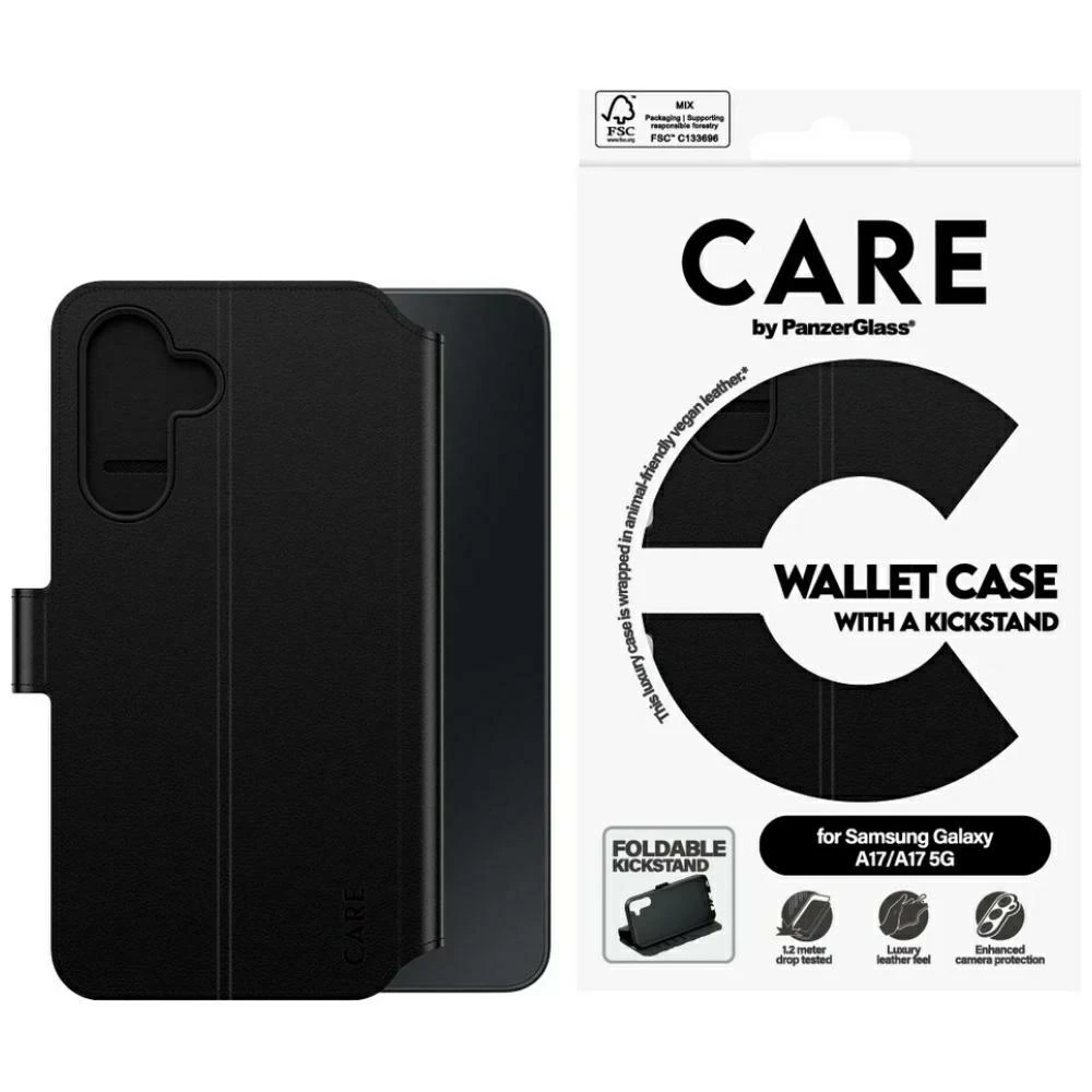 Panzer Glass „CARE by PanzerGlass“ piniginės dėklas su M formos atramėle, skirtas „Samsung Galaxy M17 5G / A17 / A17 5G“, juodas aprašymas - Prekės nuotrauka