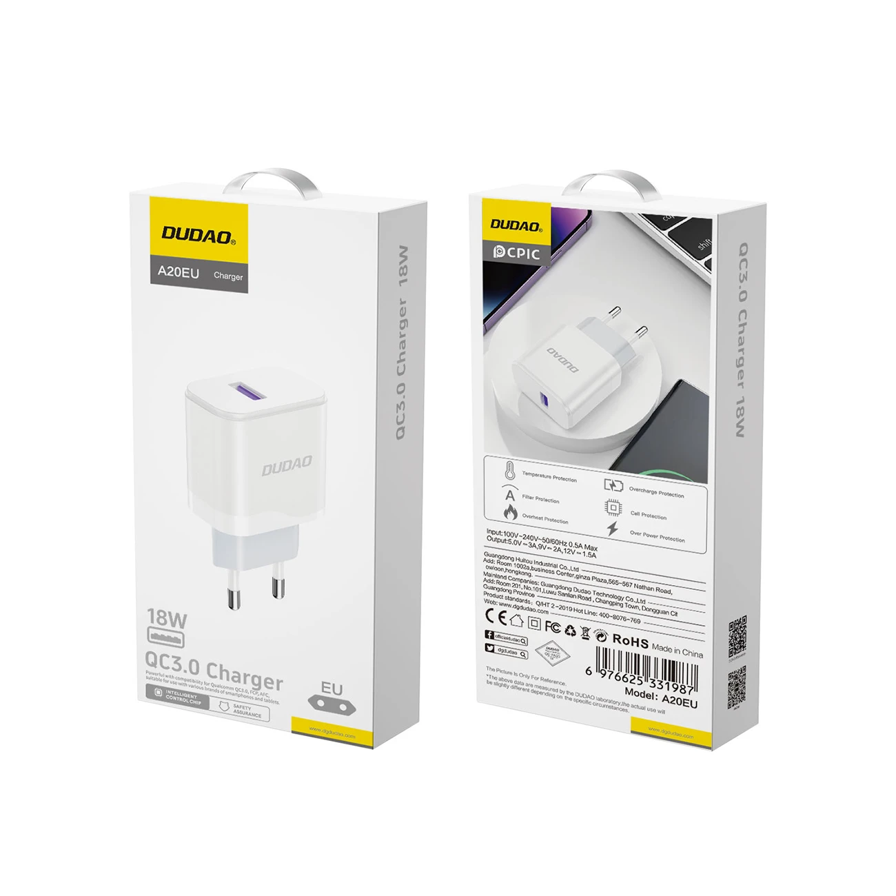 Dudao A20EU USB-A 18W network įkroviklis – baltos spalvos aprašymas - Prekės nuotrauka