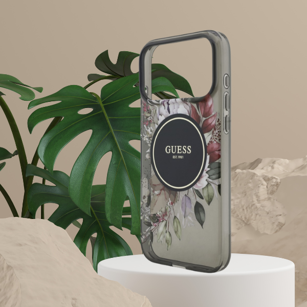 Dėklas Guess IML Flowers Pearl Strap MagSafe, skirtas iPhone 18 Pro Max / 17 Pro Max, juodas aprašymas - Prekės nuotrauka