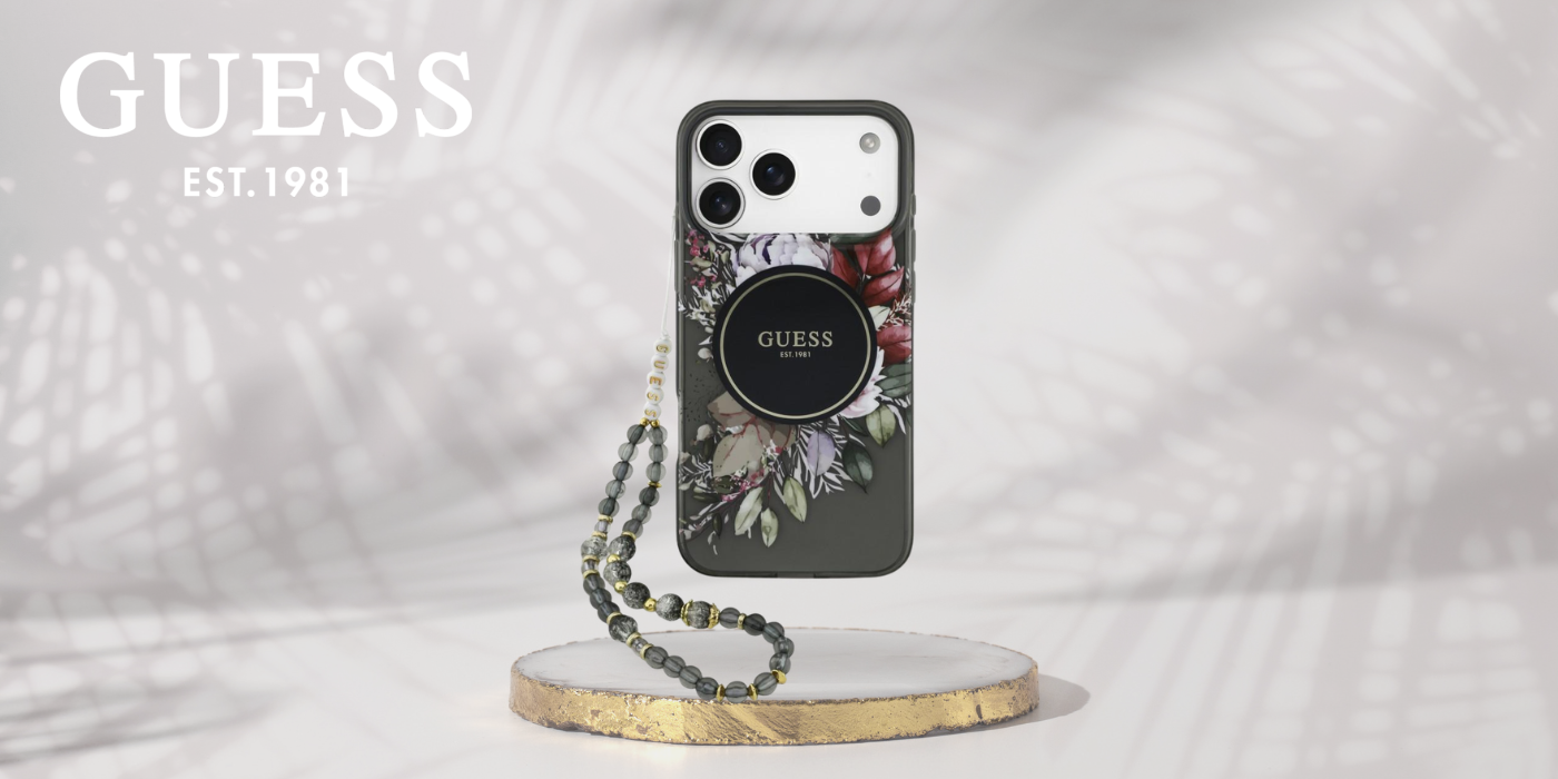 Dėklas Guess IML Flowers Pearl Strap MagSafe, skirtas iPhone 18 Pro Max / 17 Pro Max, juodas aprašymas - Prekės nuotrauka