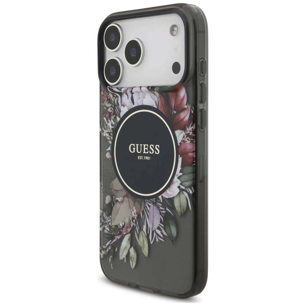 Dėklas Guess IML Flowers Pearl Strap MagSafe, skirtas iPhone 18 Pro Max / 17 Pro Max, juodas aprašymas - Prekės nuotrauka