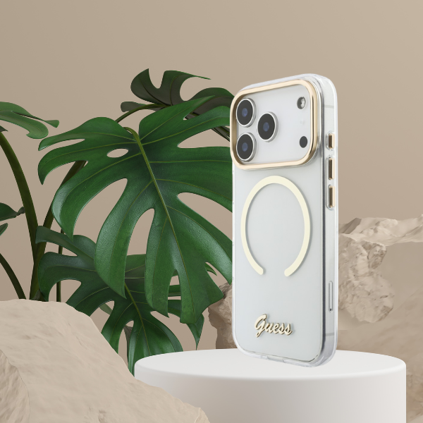 Dėklas Guess IML Script Metal MagSafe na iPhone 18 Pro / 17 Pro - skaidrus aprašymas - Prekės nuotrauka
