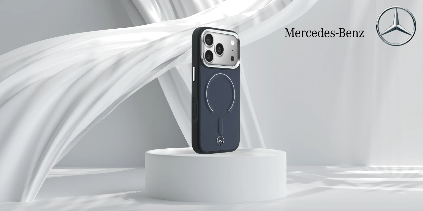 Dėklas Mercedes Leather 3D MagSafe na iPhone 17 Pro Max - tamsiai mėlyna aprašymas - Prekės nuotrauka