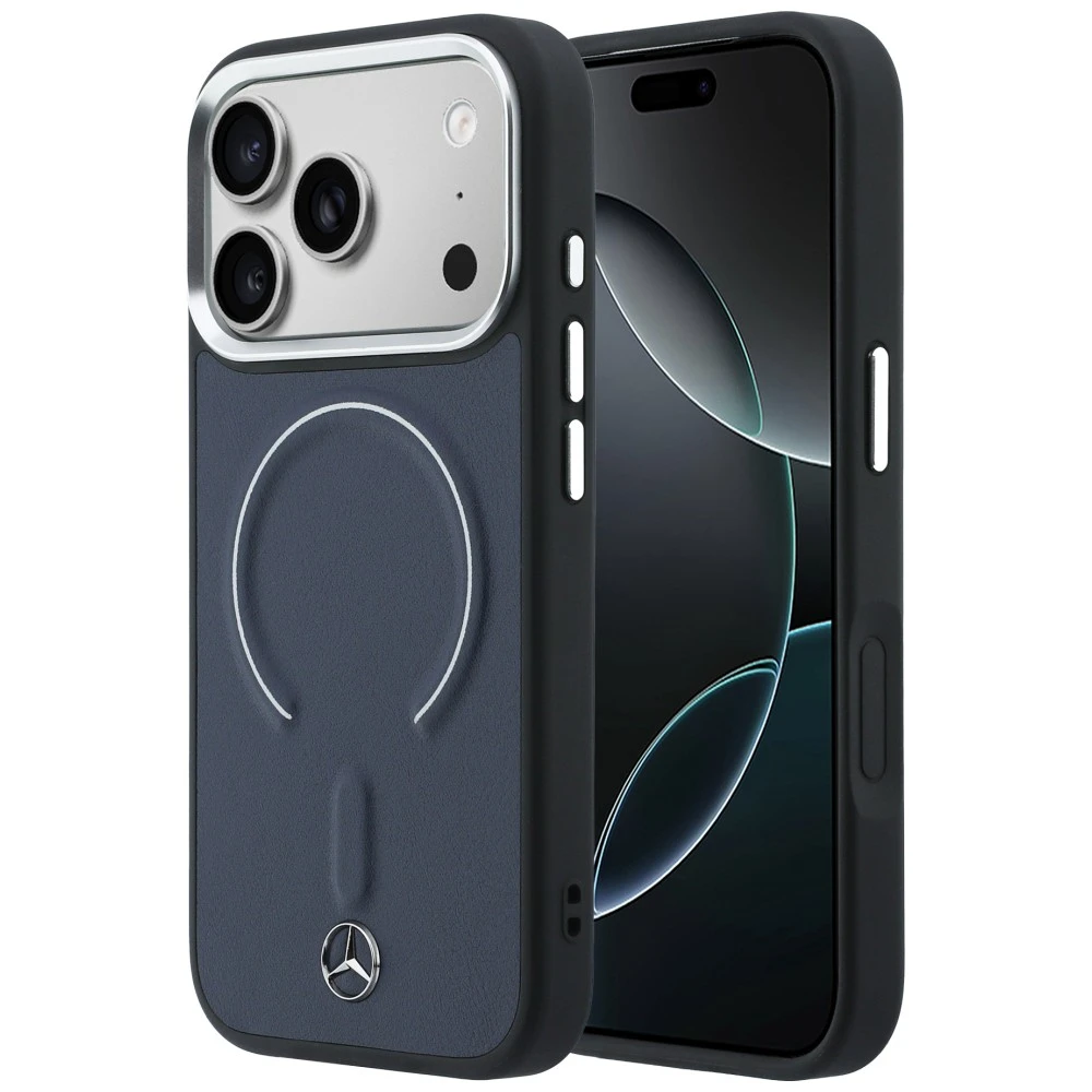Dėklas Mercedes Leather 3D MagSafe na iPhone 17 Pro Max - tamsiai mėlyna aprašymas - Prekės nuotrauka