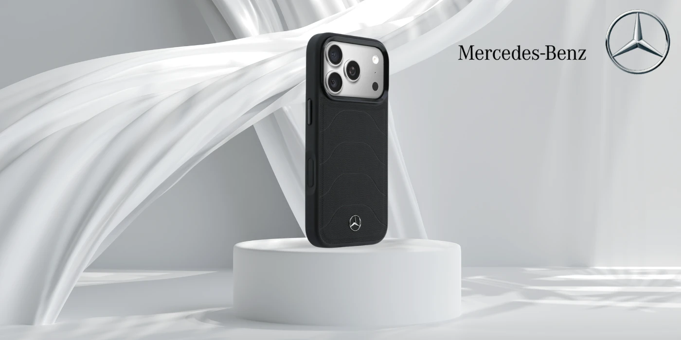 Dėklas Mercedes Leather Mesh with Bow Line MagSafe do iPhone 17 Pro Max juoda aprašymas - Prekės nuotrauka