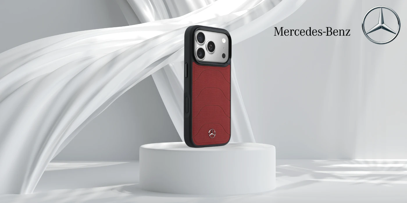 Dėklas Mercedes Leather Mesh with Bow Line MagSafe do iPhone 17 Pro Max raudona aprašymas - Prekės nuotrauka