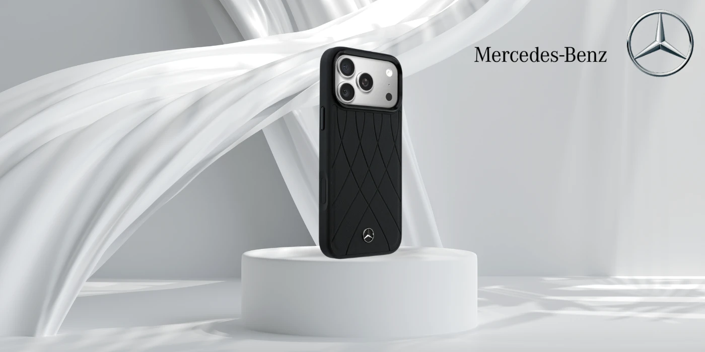 Dėklas Mercedes Leather with Crossed Lines MagSafe do iPhone 17 Pro Max juoda aprašymas - Prekės nuotrauka