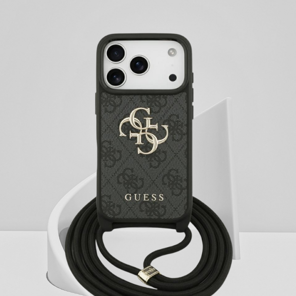 Dėklas Guess 4G Big Logo Cord Stap Crossbody skirtas Apple iPhone 17 Pro juodos spalvos aprašymas - Prekės nuotrauka Dėklas Guess 4G Big Logo Cord Stap Crossbody skirtas Apple iPhone 17 Pro juodos spalvos aprašymas - Prekės nuotrauka