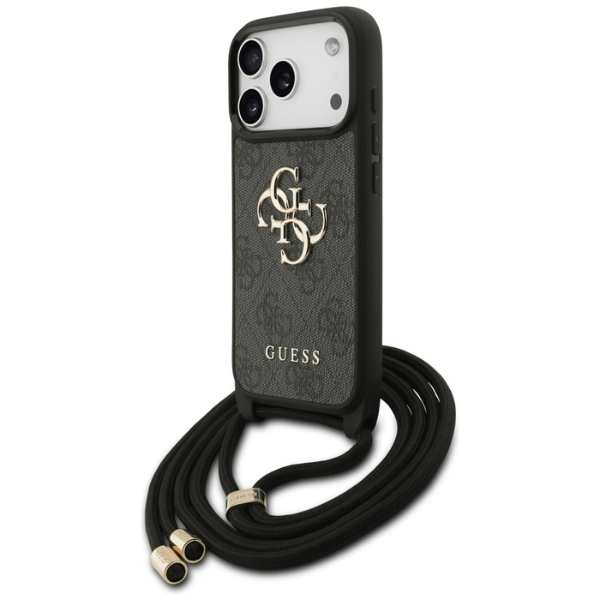 Dėklas Guess 4G Big Logo Cord Stap Crossbody skirtas Apple iPhone 17 Pro juodos spalvos aprašymas - Prekės nuotrauka Dėklas Guess 4G Big Logo Cord Stap Crossbody skirtas Apple iPhone 17 Pro juodos spalvos aprašymas - Prekės nuotrauka
