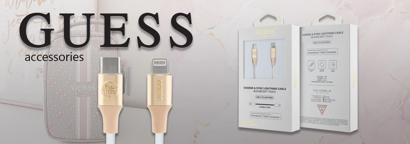 Guess Ebossed Logo USB-C / Lightning kabelis 1.5m fast charging - aukso spalvos aprašymas - Prekės nuotrauka