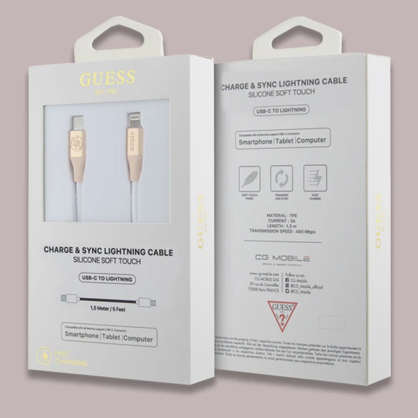 Guess Ebossed Logo USB-C / Lightning kabelis 1.5m fast charging - aukso spalvos aprašymas - Prekės nuotrauka