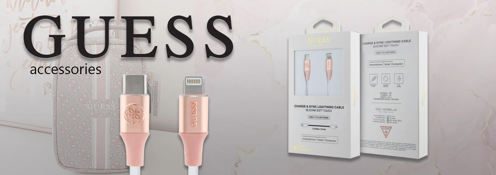 Guess Ebossed Logo USB-C / Lightning kabelis 1.5m Fast Charging - rožinės spalvos aprašymas - Prekės nuotrauka