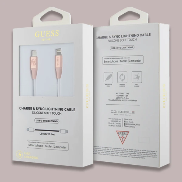 Guess Ebossed Logo USB-C / Lightning kabelis 1.5m Fast Charging - rožinės spalvos aprašymas - Prekės nuotrauka