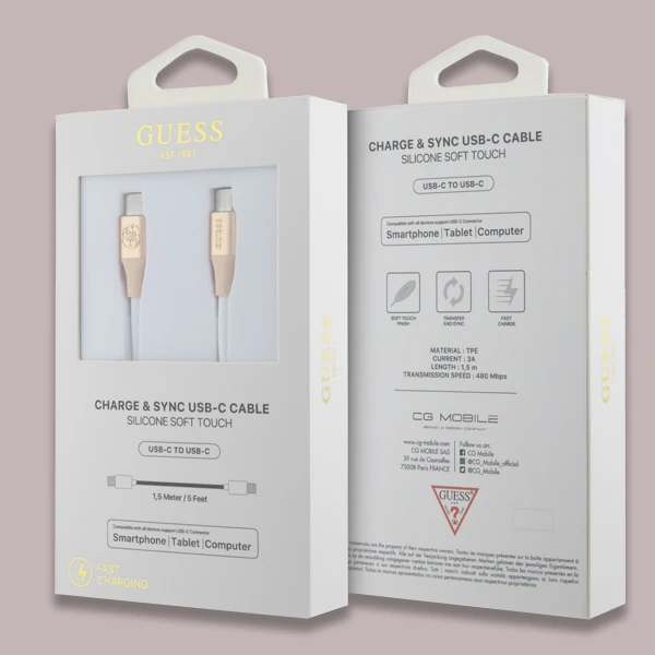 Guess Ebossed Logo USB-C / USB-C 1,5 m greito įkrovimo laidas – auksinis aprašymas - Prekės nuotrauka Guess Ebossed Logo USB-C / USB-C 1,5 m greito įkrovimo laidas – auksinis aprašymas - Prekės nuotrauka