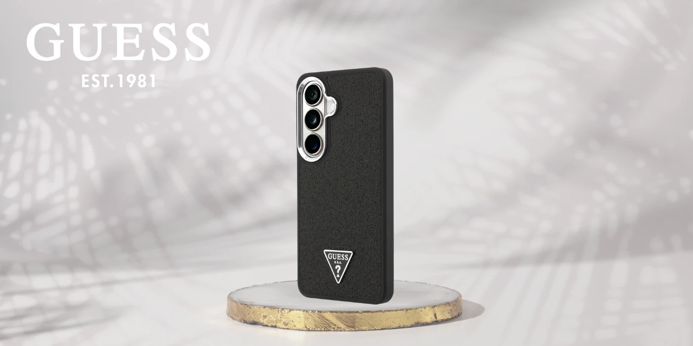 Guess fiksuotas blizgučių trikampio formos „MagSafe“ dėklas, skirtas „Samsung Galaxy S26+“, juodas aprašymas - Prekės nuotrauka