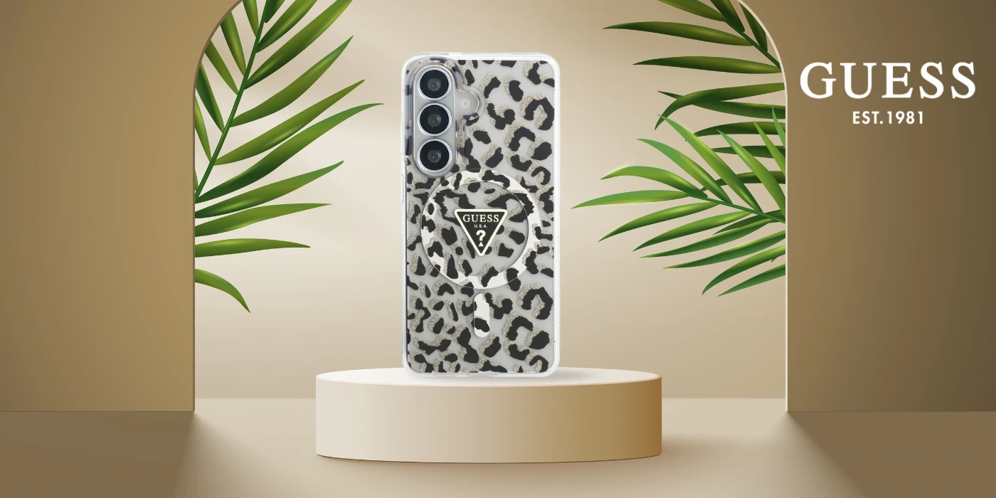Guess IML leopardo rašto trikampio formos „MagSafe“ dėklas, skirtas „Samsung Galaxy S26“, juodas aprašymas - Prekės nuotrauka