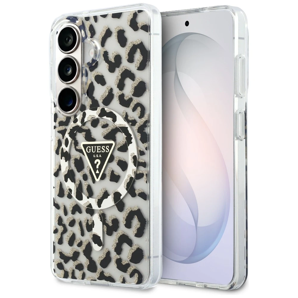 Guess IML leopardo rašto trikampio formos „MagSafe“ dėklas, skirtas „Samsung Galaxy S26“, juodas aprašymas - Prekės nuotrauka