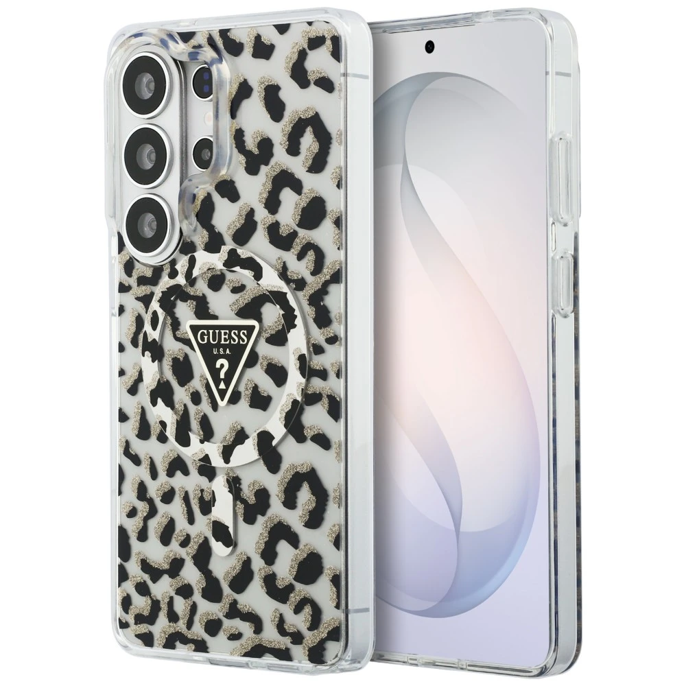 Guess IML leopardo rašto trikampio formos „MagSafe“ dėklas, skirtas „Samsung Galaxy S26 Ultra“, juodas aprašymas - Prekės nuotrauka