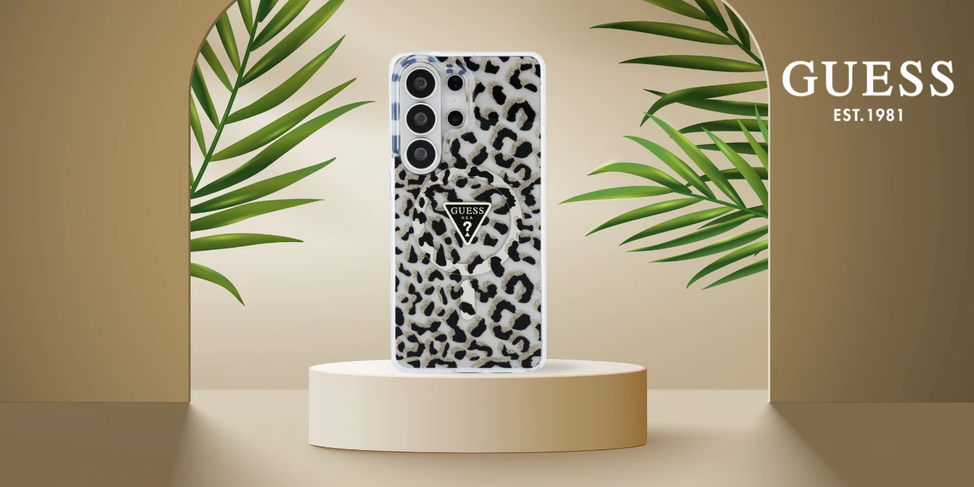 Guess IML leopardo rašto trikampio formos „MagSafe“ dėklas, skirtas „Samsung Galaxy S26 Ultra“, juodas aprašymas - Prekės nuotrauka