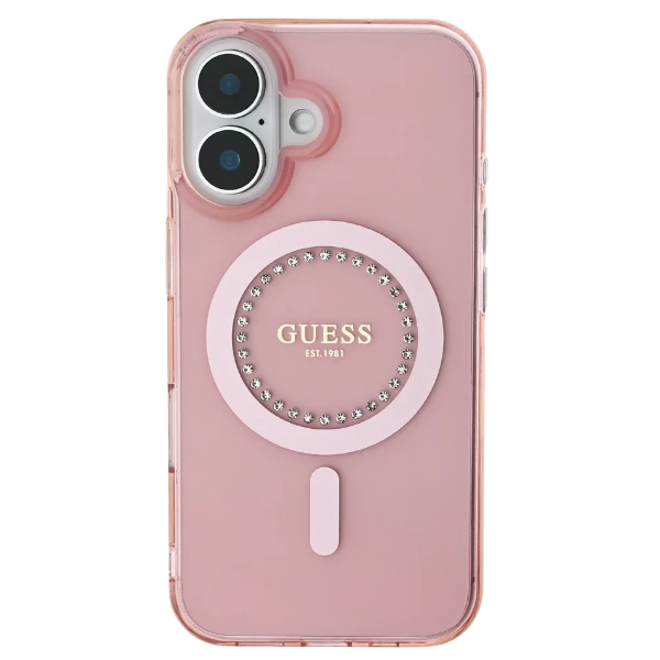 Guess IML Rhinestones MagSafe Apple iPhone 16 - dėklas telefonui rožinės spalvos aprašymas - Prekės nuotrauka