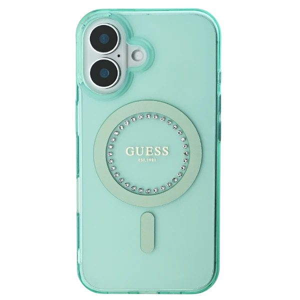 Guess IML Rhinestones MagSafe Apple iPhone 16 Pro Max Case - dėklas telefonui žalios spalvos aprašymas - Prekės nuotrauka