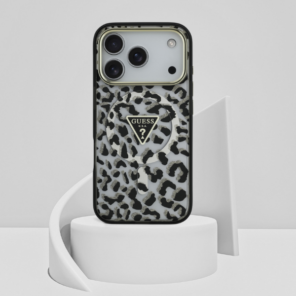 GUESS dėklas, skirtas IPHONE 17 Pro Max, suderinamas su MagSafe GUHMP17XHLEGTGLK (PC TPU su leopardo rašto blizgučiais), juodas aprašymas - Prekės nuotrauka