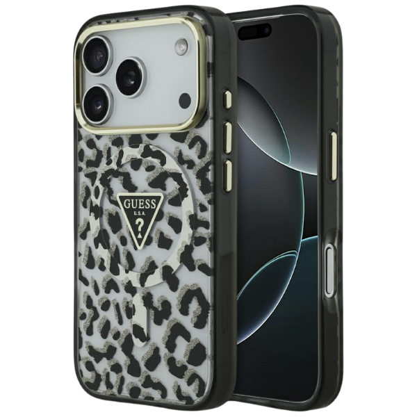 GUESS dėklas, skirtas IPHONE 17 Pro Max, suderinamas su MagSafe GUHMP17XHLEGTGLK (PC TPU su leopardo rašto blizgučiais), juodas aprašymas - Prekės nuotrauka