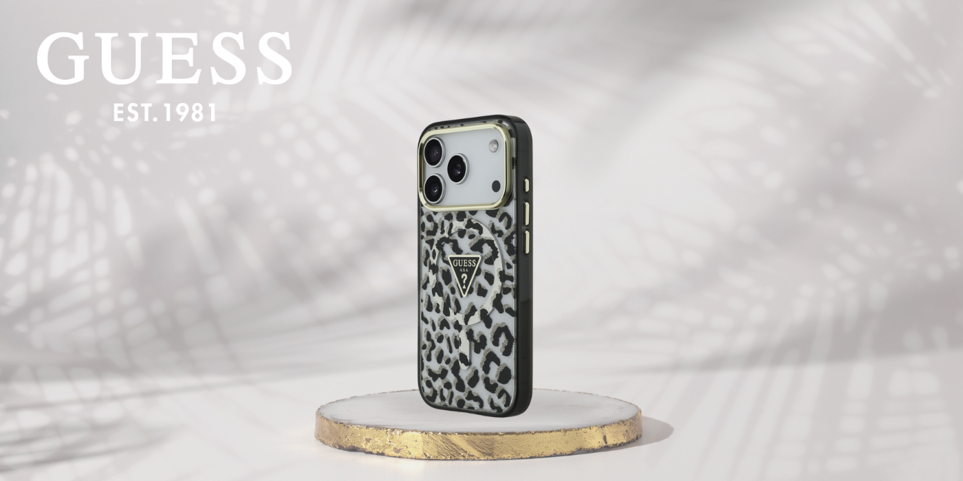 GUESS dėklas, skirtas IPHONE 17 Pro Max, suderinamas su MagSafe GUHMP17XHLEGTGLK (PC TPU su leopardo rašto blizgučiais), juodas aprašymas - Prekės nuotrauka