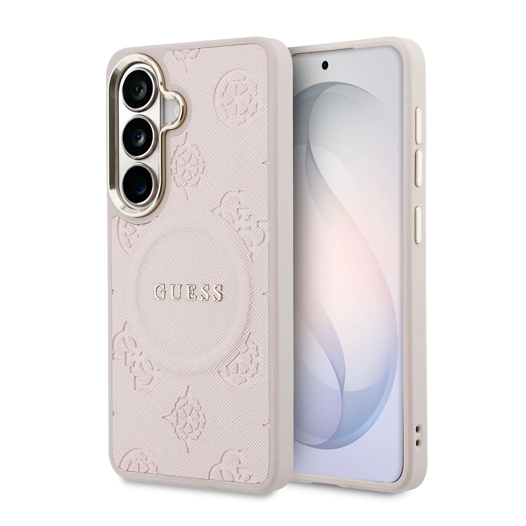 Guess „Saffiano Peony“ reljefinio žiedo formos „MagSafe“ dėklas, skirtas „Samsung Galaxy S26+“, rožinis aprašymas - Prekės nuotrauka