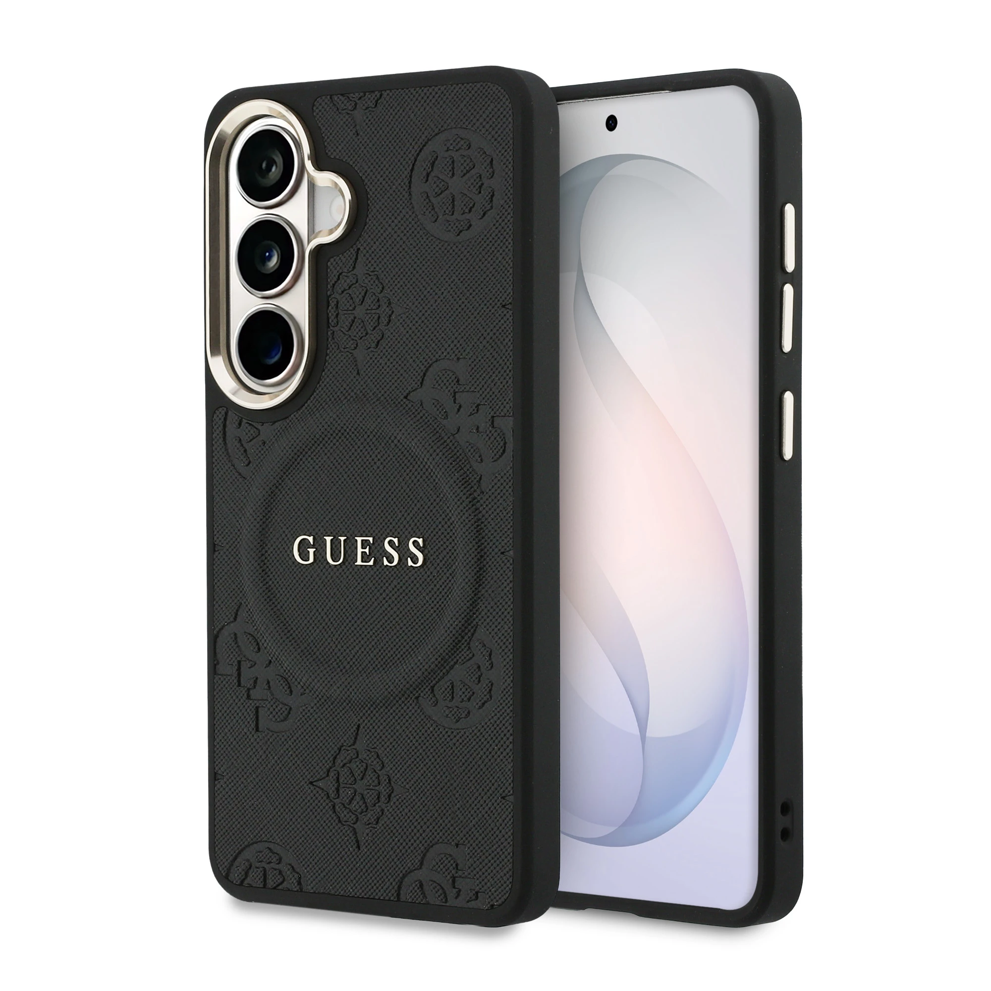 Dėklas Guess Saffiano Peony Embossed Ring MagSafe do Samsung Galaxy S26+ juoda aprašymas - Prekės nuotrauka