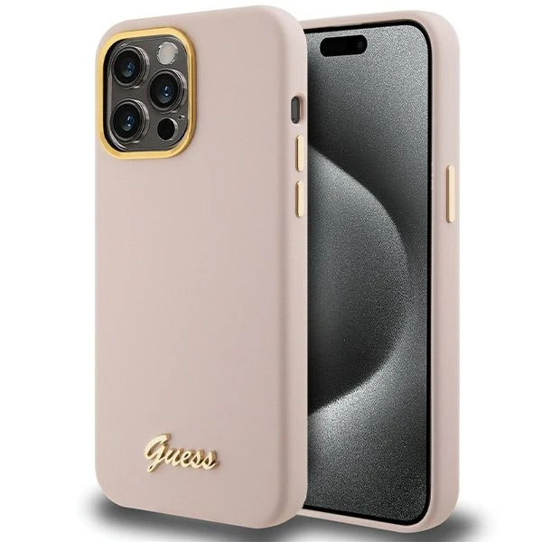 Guess Silikoninis Script Metal Logo & Frame Apple iPhone 16 Pro Max - dėklas telefonui rožinės spalvos aprašymas - Prekės nuotrauka