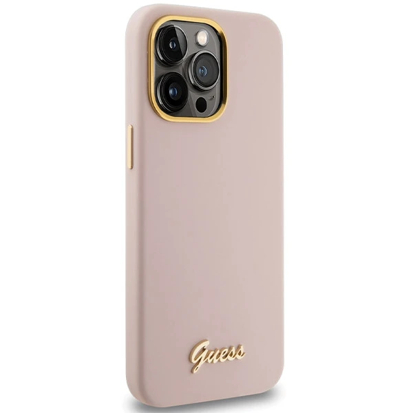 Guess Silikoninis Script Metal Logo & Frame Apple iPhone 16 Pro Max - dėklas telefonui rožinės spalvos aprašymas - Prekės nuotrauka