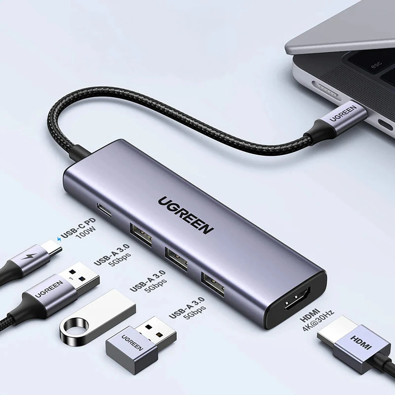 HUB Ugreen CM511 15597 5in1 USB-C – USB-C PD / HDMI / 3x USB-A 3.0 – pilkos spalvos aprašymas - Prekės nuotrauka