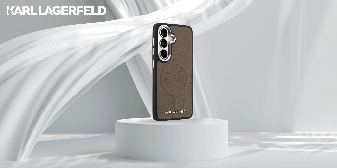 Karl Lagerfeld Reljefinis žiedo inicialų „MagSafe“ dėklas, skirtas „Samsung Galaxy S26+“, rudas aprašymas - Prekės nuotrauka
