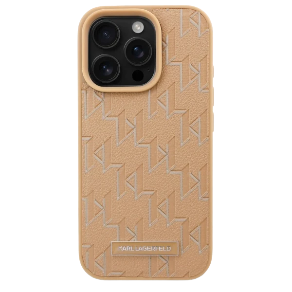 Dėklas Karl Lagerfeld Leather Monogram Metal Logo MagSafe Apple iPhone 16 Pro - rusvai gelsvas aprašymas - Prekės nuotrauka