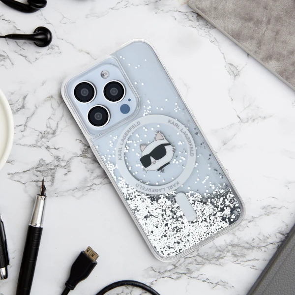 Karl Lagerfeld Liquid Glitter Choupette Head MagSafe Apple iPhone 14 Pro Max - dėklas telefonui skaidrus aprašymas - Prekės nuotrauka