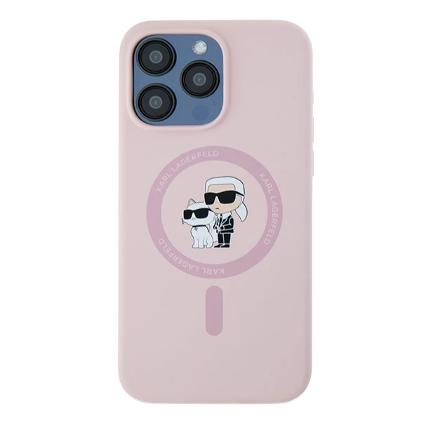 Karl Lagerfeld silikoninis Karl&Choupette Ring MagSafe Apple iPhone 15 Pro Max - dėklas telefonui rožinės spalvos aprašymas - Prekės nuotrauka